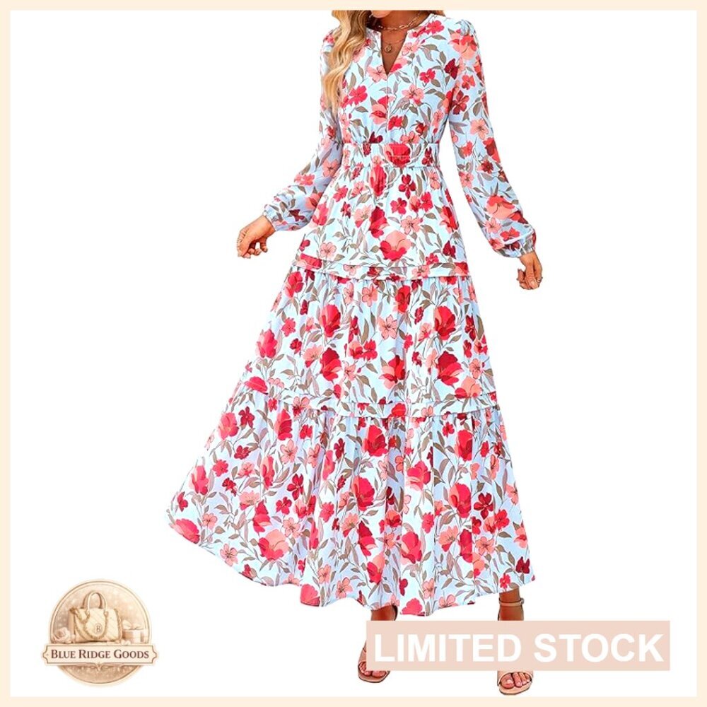 Boho Maxi Dress Floral Long Sleeve Flowy Elegant Wedding Guest Holiday